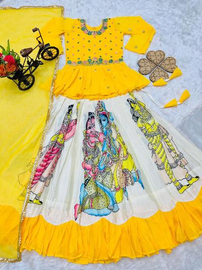 Yellow Chinon Silk Printed Kids Lehenga Choli Set