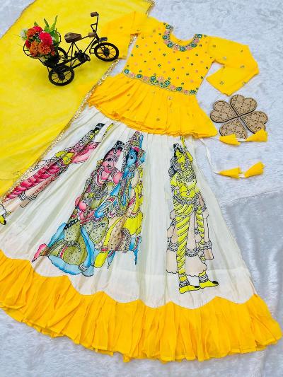 Yellow Chinon Silk Printed Kids Lehenga Choli Set