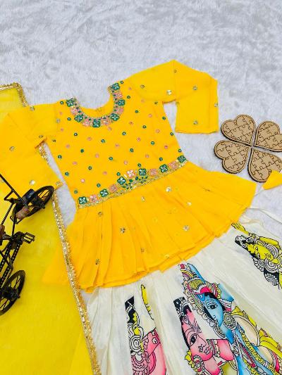 Yellow Chinon Silk Printed Kids Lehenga Choli Set