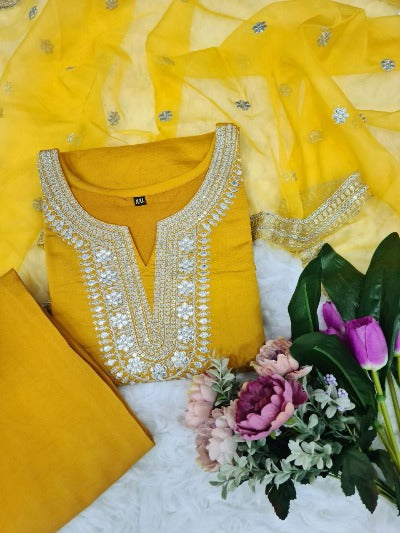 Mustard Yellow Chanderi Salwar Suit With Organza Dupatta