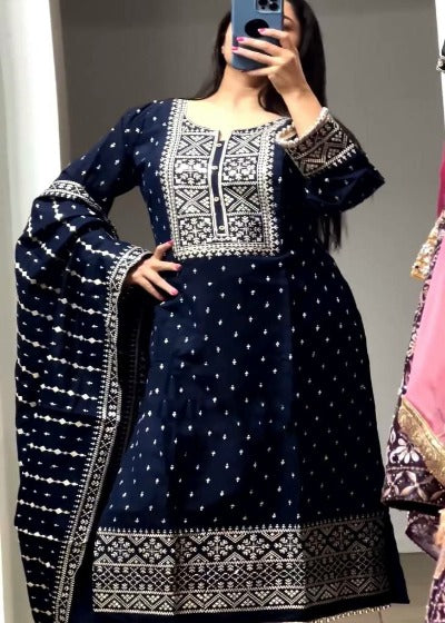 Navy Blue Heavy Embroidered Sequence Palazzo Suit Set