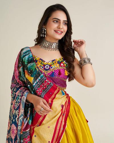 Yellow Satin Silk Digital Print Lehenga Choli Set