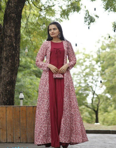 Red Rayon Long Gown With Georgette Crochet Work Shrug