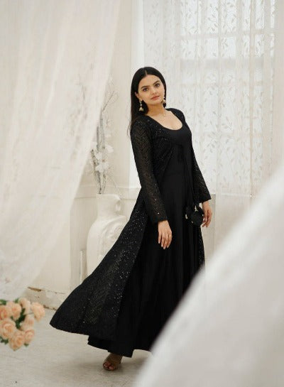 Black Rayon Long Gown With Georgette Crochet Work Shrug