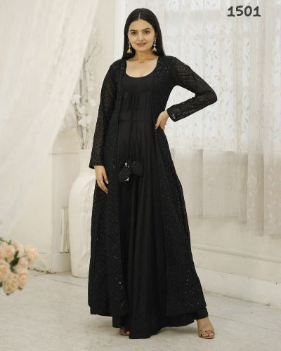 Black Rayon Long Gown With Georgette Crochet Work Shrug