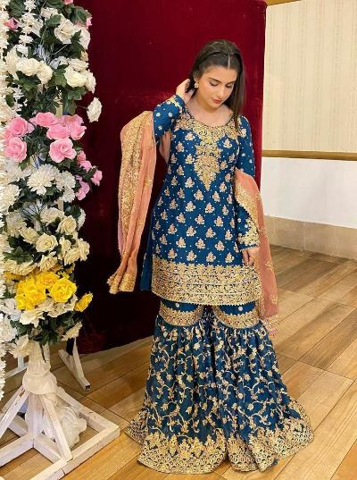 Peacock Blue Georgette Wedding Wear Sharara Suit Set