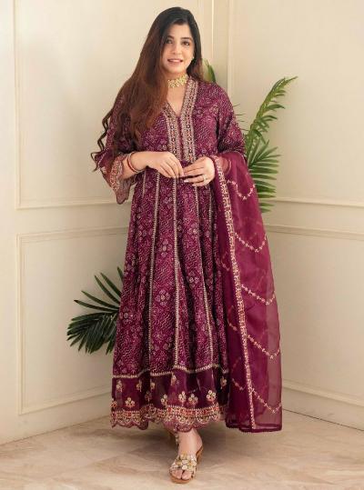 Deep Wine Bandhani Zari Work Anarkali Suit Set