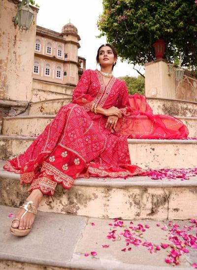 Red Bandhani Zari Work Anarkali Suit Set