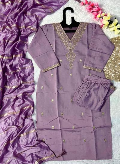 Purple Roman Silk Salwar Suit Cotton Silk Dupatta 