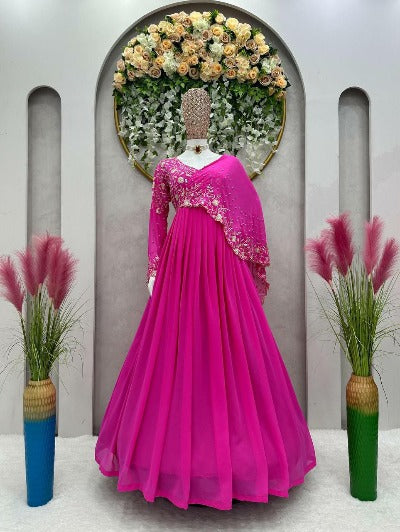 Pink Designer Georgette Sequence Work Gown 1pc