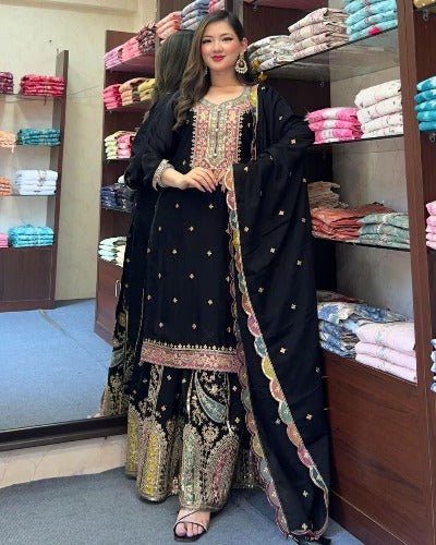 Black Chinnon Silk Multi Coloured Embroidered Salwar Suit Set