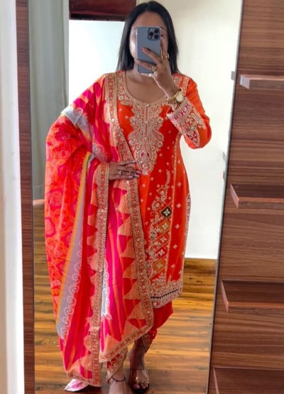 Orange Designer Dhoti Heavy Sequins Work Salwar Suit Set
