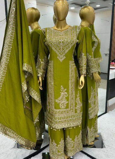 Lime Green Pure Chinnon Silk Designer Wear Salwar Suit Set