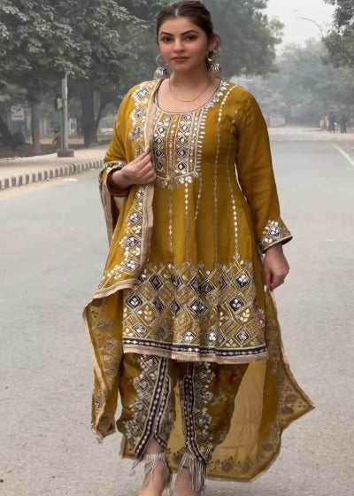 Honey Gold Chinon Silk Heavy Sequins Work Dhoti Suit Set