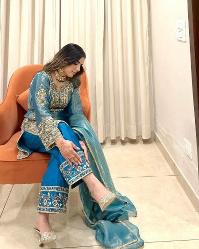 Blue Jimmy Choo Silk Wedding Wear Salwar Suit Set