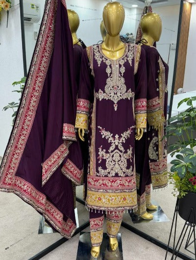 Burgandy Pure Chinnon Silk Salwar Suit Set