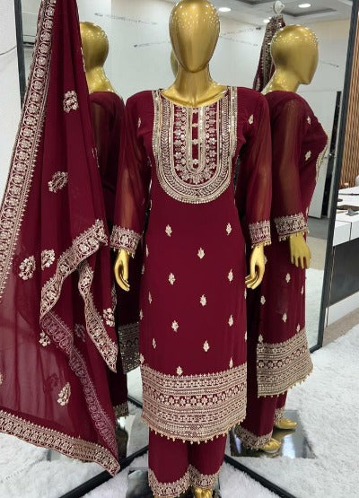 Red Georgette Heavy Sequins Work Salwar Suit Set