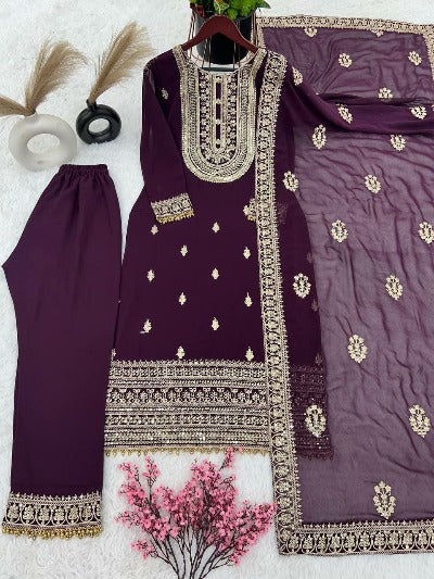 Wine Georgette Heavy Sequins Work Salwar Suit Set