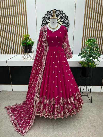 Dark Pink Heavy Georgette Full Embroidered Anarkali Gown Dupatta Set Of 2