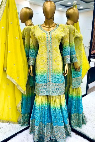 Lime Yellow Blue Bandhani Print Sharara Suit Set