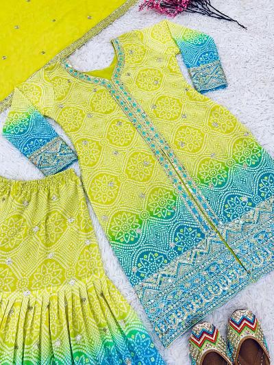 Lime Yellow Blue Bandhani Print Sharara Suit Set