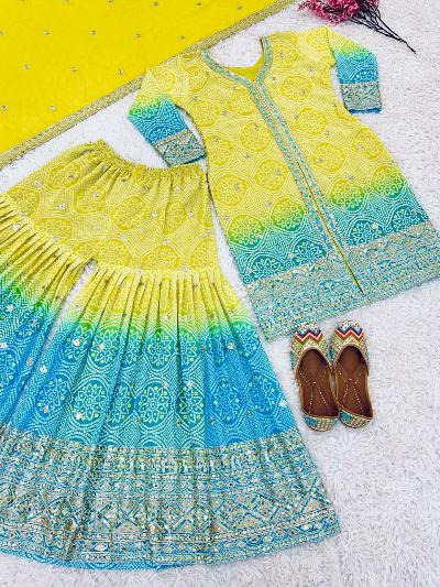 Lime Yellow Blue Bandhani Print Sharara Suit Set