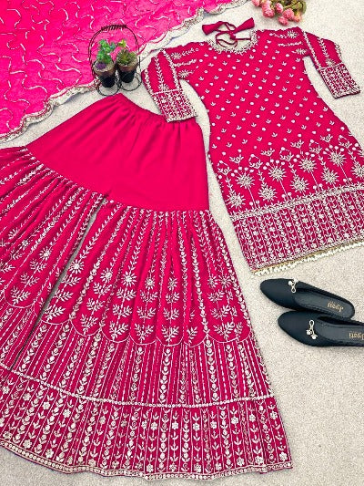 Rani Pink Designer Georgette Heavy Sequence Work Sharara Suit set
