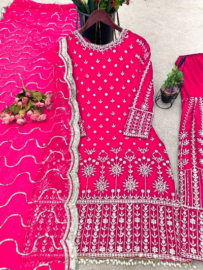 Rani Pink Designer Georgette Heavy Sequence Work Sharara Suit set