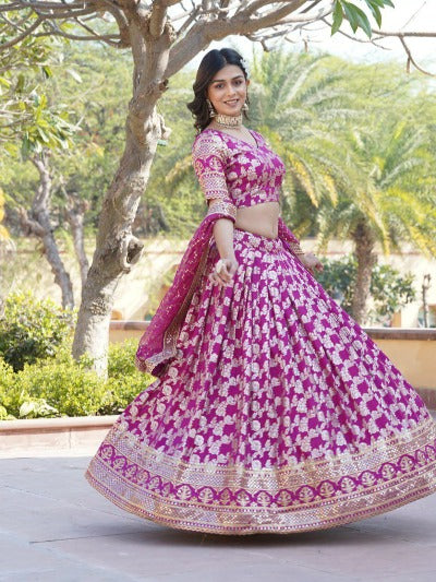 Pink Viscous Jacquard Embroidered Lehenga Choli Set 