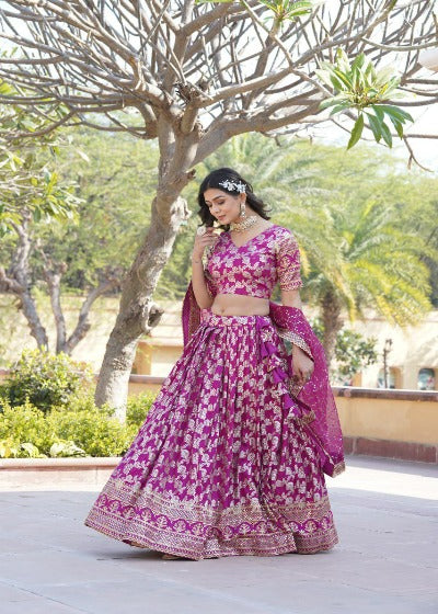 Pink Viscous Jacquard Embroidered Lehenga Choli Set 