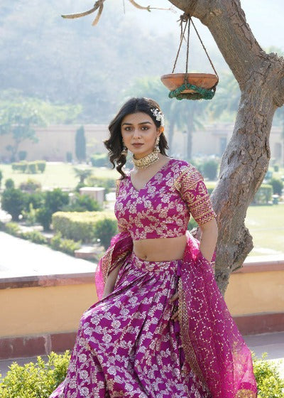 Pink Viscous Jacquard Embroidered Lehenga Choli Set 