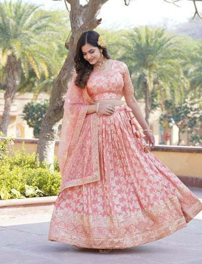 Peach Viscous Jacquard Embroidered Lehenga Choli Set