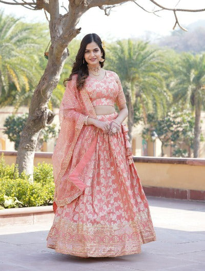 Peach Viscous Jacquard Embroidered Lehenga Choli Set