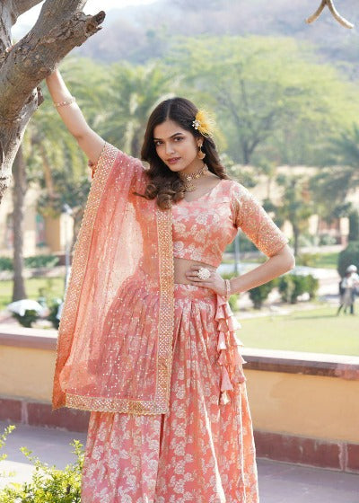 Peach Viscous Jacquard Embroidered Lehenga Choli Set