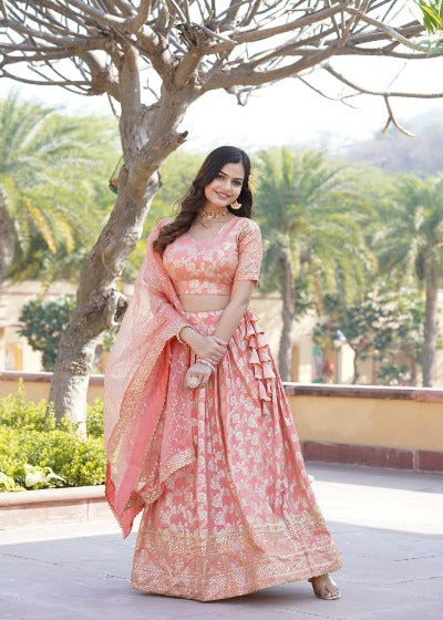 Peach Viscous Jacquard Embroidered Lehenga Choli Set