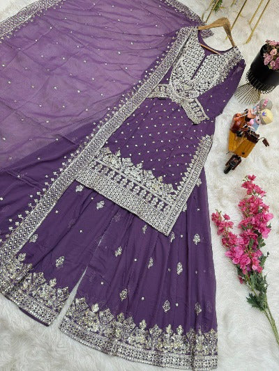 Pastel Purple Embroidered Georgette Sharara Suit Set