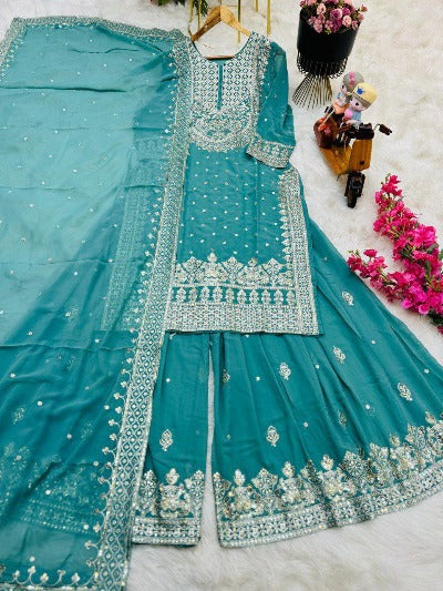Blue Embroidered Georgette Sharara Suit Set