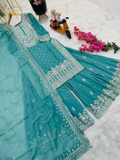 Blue Embroidered Georgette Sharara Suit Set