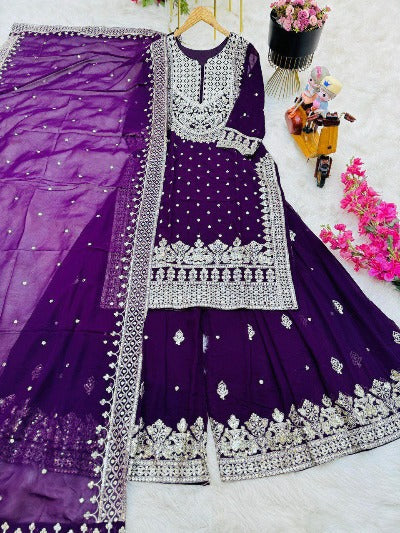 Dark Purple Embroidered Georgette Sharara Suit Set