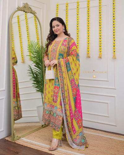 Yellow Chinon Silk Multicolour Printed Salwar Suit Set