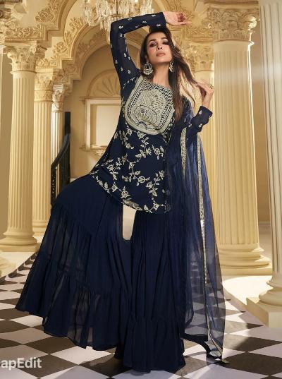 Navy Blue Georgette Stylish Sharara Suit Set