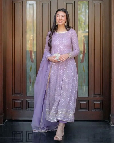 Lavender Georgette Heavy Work Salwar Suit Set