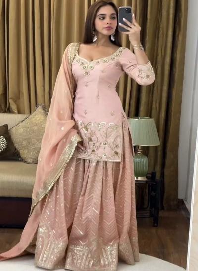 Peach Georgette Elegant Sharara Palazzo Suit Set