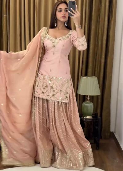 Peach Georgette Elegant Sharara Palazzo Suit Set