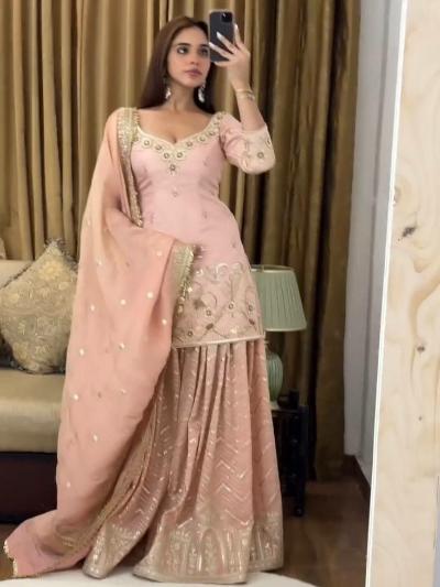 Peach Georgette Elegant Sharara Palazzo Suit Set