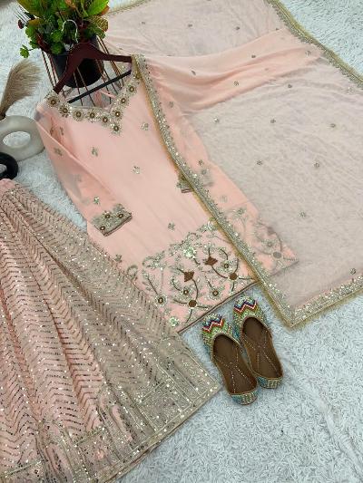 Peach Georgette Elegant Sharara Palazzo Suit Set