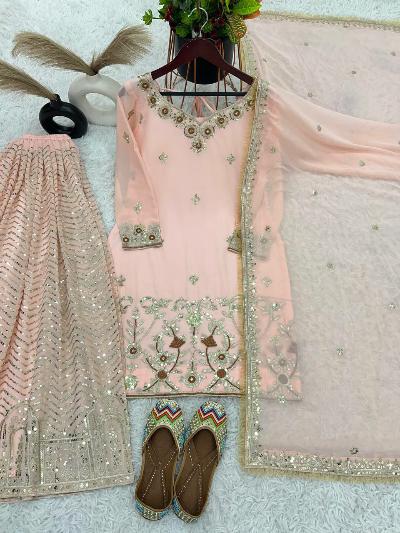 Peach Georgette Elegant Sharara Palazzo Suit Set