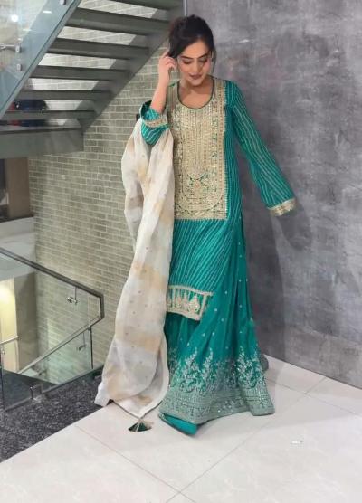 Peacock Green Bandhej Sharara Palazzo Suit Set