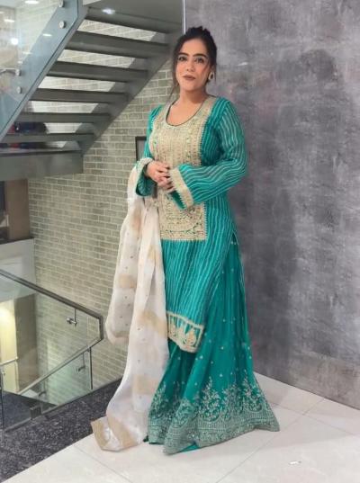 Peacock Green Bandhej Sharara Palazzo Suit Set