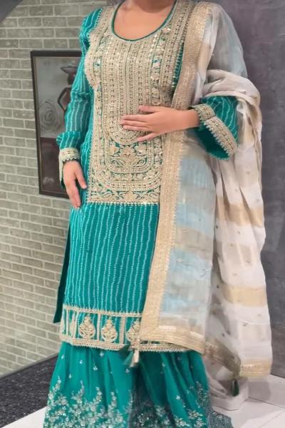 Peacock Green Bandhej Sharara Palazzo Suit Set